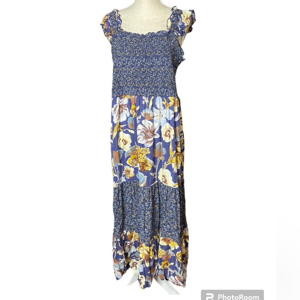 Maurice’s Blue, Yellow, White Floral Sleeveless Tiered Maxi Sun Dress